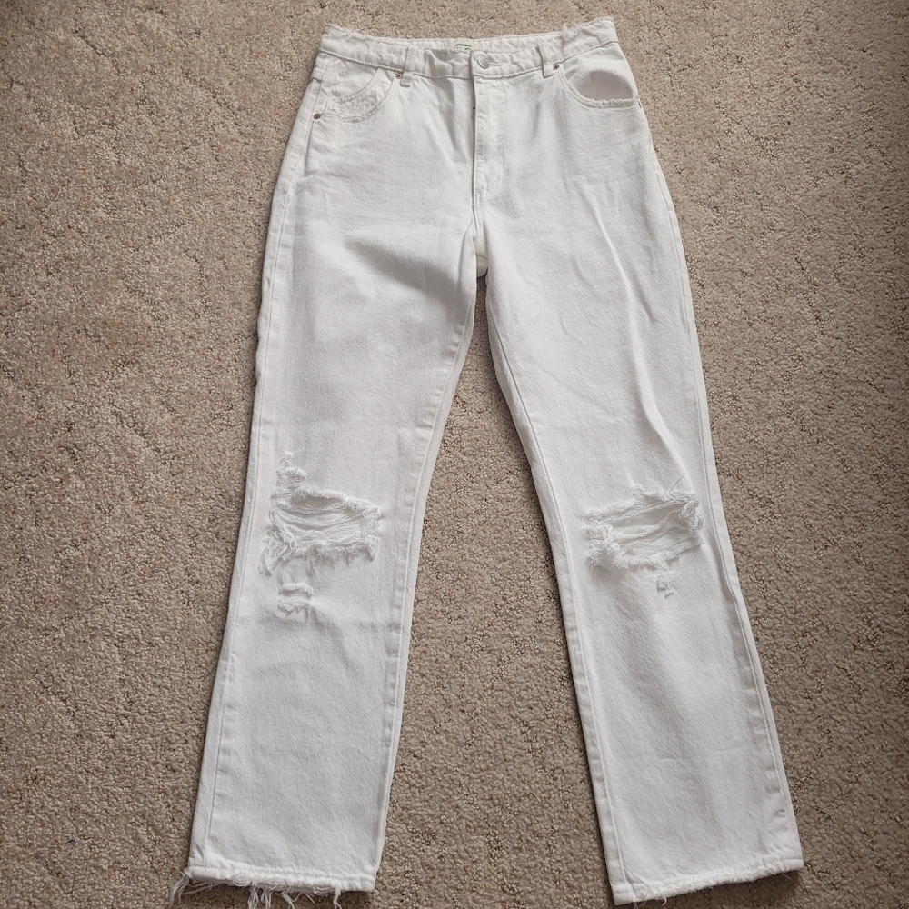 Rollas High Rise Straight White Distressed Jeans